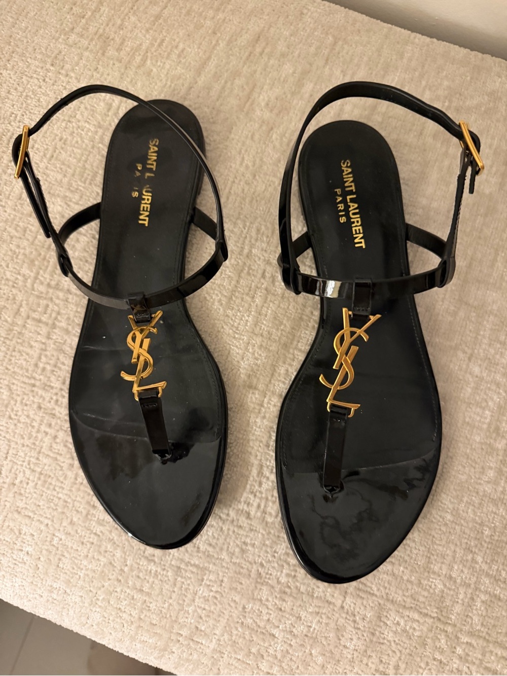 Saint Laurent Black Patent Leather T-Strap Sandals with Gold YSL Logo